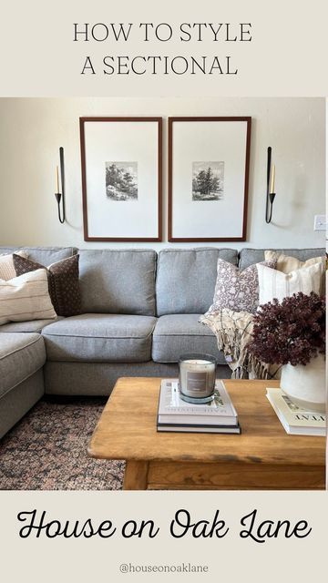 Gray Sectional Styling, Gray Sectional With Accent Pillows, Styling Living Room With Sectional, Styling A Grey Sectional, Sectional Sofa Styling, Pillows On L Shaped Sectional, Decor Behind Sectional Couch Corner, How To Style A Sectional, Corner Sectional Wall Decor