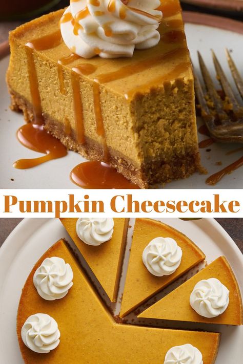 The BEST pumpkin cheesecake recipe is loaded with pumpkin flavor and perfect for Christmas dessert or Thanksgiving dessert! This pumpkin pie cheesecake is like your favorite pumpkin pie recipe but so creamy! Pumpkin Puree Cheesecake, Pumpkin Pie With Mascarpone, Pumpkin Cheesecake Shake, Baked Pumpkin Cheesecake Recipe, Pumpkin Cream Cheesecake, Recipe For Pumpkin Cheesecake, Cheesecake Whipped Cream, Best Pumpkin Cheesecake Recipe, Best Pumpkin Cheesecake