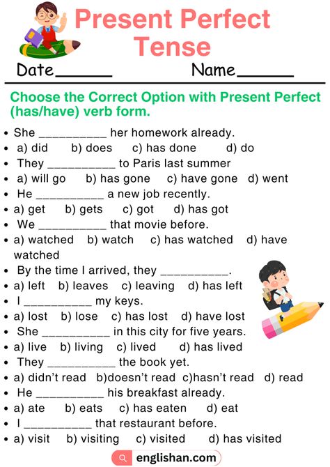 Present Perfect Tense Worksheet 1 The Present Perfect Tense, Perfect Tenses Worksheets, Present Perfect Tense Worksheets, Present Perfect Worksheets, Present Perfect Tense Exercises, Tenses Worksheet, Tutoring Reading, 12 Tenses, Tense Worksheet