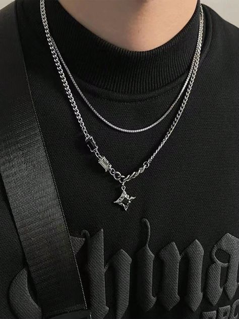 Silver Punk,Vintage Collar  Zinc Alloy   Embellished   Men Fashion Jewelry Streetwear Jewelry, Silver Sweater, Mens Silver Jewelry, Charm Choker Necklace, Punk Vintage, Style Hip Hop, Layered Necklace Set, Star Pendant Necklace, Mens Jewelry Necklace