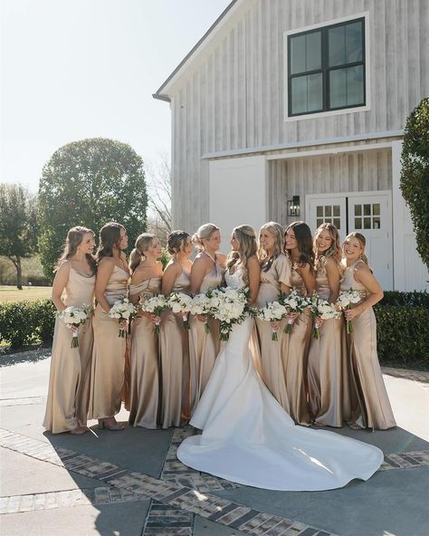 Champagne Metallic Bridesmaid Dresses, Wedding Colors Gold Champagne, Brides Maids Dresses Cream, Wedding Dress And Bridesmaid Dress, Gold Bridal Party Dresses, Wedding Themes Bridesmaids, Cute Wedding Bridesmaid Dresses, Almond Color Bridesmaid Dresses, Wedding Dresses And Bridesmaids