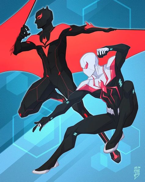 Maria Galuzinska on Instagram: “And, my favorite members of bat and spider families, guys from the future, Miguel O'Hara as Batman Beyond & Terry McGinnis as Spider-Man…” Spider Man Redesign, Batman Beyond Terry, Terry Mcginnis, Man Bat, Marvel And Dc Crossover, Spiderman Characters, Spider Man 2099, Marvel Character Design, Miguel O Hara