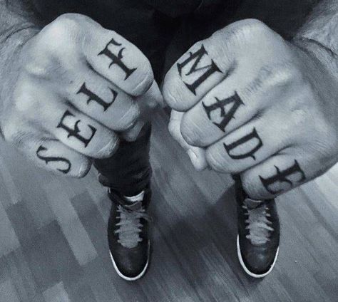 Knuckles - SELF MADE Self Made Knuckle Tattoo, Finger Font Tattoo, Knuckle Tattoo Fonts, Tattoo Stitches, Finger Letter Tattoos, Hardcore Tattoo, Colorado Vibes, Knuckles Tattoo, Self Made Tattoo