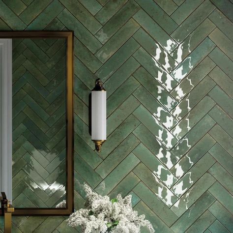 Gloss Green Bathroom Tiles, Green Moroccan Tile Bathroom, Green Cloakroom Ideas, Emerald Green Tile Bathroom, Wall Tiles Hallway, Green Shower Tile Bathroom, Teal Tile Bathroom, Green Tiled Bathrooms, Green Herringbone Tile Bathroom