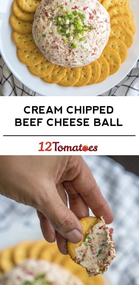 Creamed Chipped Beef Cheese Ball | 12 Tomatoes Cream Chipped Beef, Chipped Beef Cheese Ball, Beef Cheese Ball, Creamed Chipped Beef, Cheese Ball Bites, Cream Cheese Ball, Potluck Ideas, Ball Recipes, Chipped Beef