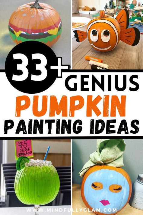 pumpkin painting ideas Hamburger Pumpkin Painting, Designs For Pumpkins Painting, Blue Painted Pumpkin, Colorful Pumpkin Painting Ideas, Pumpkin Painting Ideas Alice In Wonderland, Paint Halloween Pumpkins, Pumpkin Painting Ideas Easy Kids, Fall Themed Pumpkin Painting, It Pumpkin Painting Clown