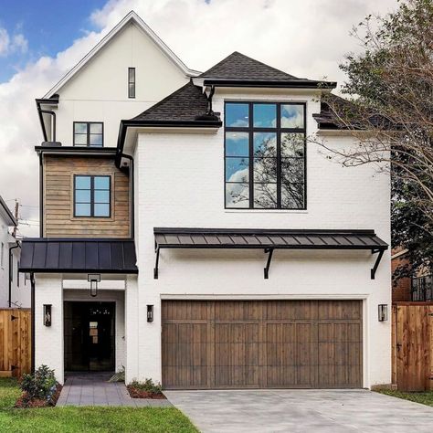 Stucco And Wood Exterior, Metal Siding Exterior, Wooden Garage Doors, Happy Friday Eve, Country Modern Home, Friday Eve, Wood Exterior, Wood Garage Doors, Metal Siding