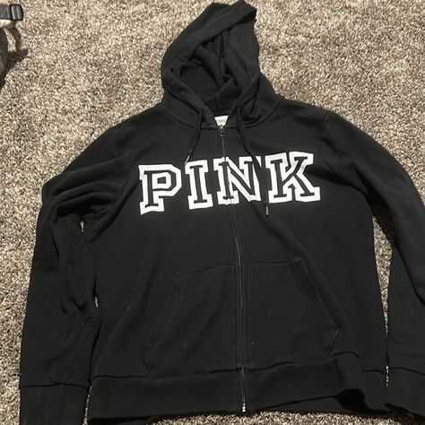 Women’s black pink zip up size medium Pink Zip Up, Black Pink Hoodie, Blonde Natural Hair, Blonde Natural, Black Zip Ups, Pink Brand, Pink Jacket, Pink Hoodie, Black Jacket