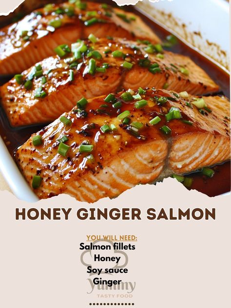 🍣🍯 Experience the sweet and zesty flavors of our Honey Ginger Salmon! A perfect dish for a delightful meal! 🍋✨ #SalmonLovers Honey Ginger Salmon Ingredients: Salmon fillets (4) Honey (1/4 cup) Soy sauce (2 tbsp) Ginger, grated (1 tbsp) Garlic, minced (2 cloves) Lemon juice (1 tbsp) Green onions, chopped (2 tbsp) Instructions: Preheat oven to 400°F (200°C). Mix honey, soy sauce, ginger, garlic, and lemon juice in a bowl. Place salmon fillets in a baking dish and pour the mixture over them.... Honey Ginger Salmon, Ginger Salmon, Salmon Soy Sauce, Sauce For Salmon, Ginger Sauce, Salmon Dishes, Salmon Fillets, Soy Sauce, Salmon Recipes