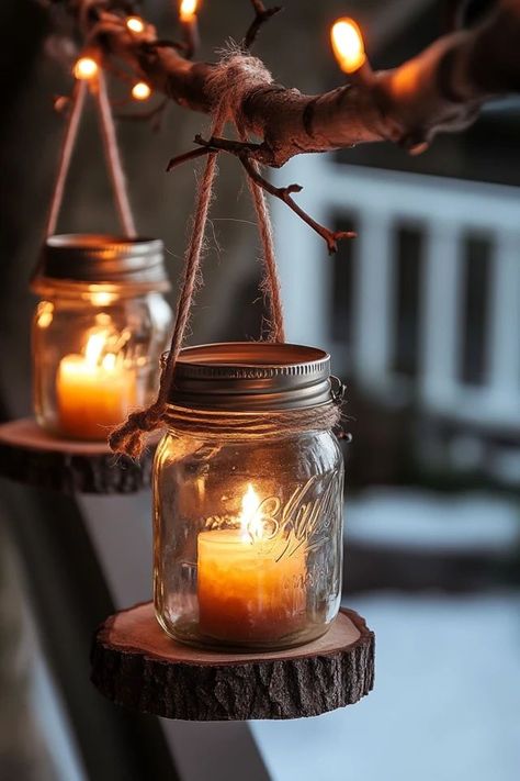 "Light up your space with Rustic DIY Mason Jar Lanterns! 🕯️✨ These charming lanterns add a cozy, farmhouse vibe to any room. Easy to make and perfect for any occasion! 🌟🏡 #RusticDecor #MasonJarCrafts #DIYLighting" Jam Jar Lights, Fairy Lights In Jar, Diy Fall Lanterns, Glass Jar Lanterns, Diy Night Light Ideas, Diy Lanterns Outdoor, Outdoor Boho Decor, Diy Mason Jar Lanterns, Rustic Candles Diy