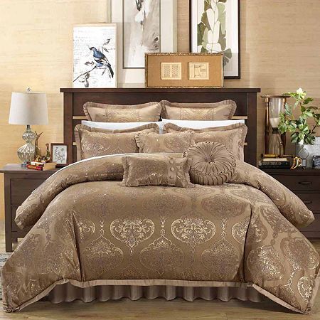 A fashion forward Jacquard comforter set with everything you need for a complete bedroom decor makeover. The comforter features an elegant Jacquard scroll design with faux silk pleated flange. Design coordinated shams and deco pillows and a pleated faux silk bed skirt are included to complete the look. The Como comforter set combines luxury with traditional style, featuring jacquard woven patterns in faux silk colors.Included: 1 Comforter, 2 Shams, 2 Euro Shams, 1 Bed Skirt, 1 Cushion, 1 Rectang Glamorous Bedding, Bedroom Comforter Sets, Silk Bedding, King Comforter Sets, Luxury Bedroom, Comfortable Bedroom, Queen Comforter Sets, Bedding Stores, Queen Comforter