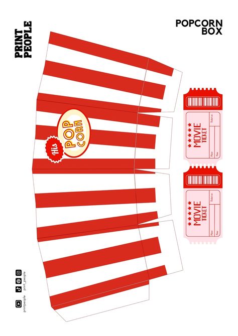 Popcorn box template with red and white stripes Templates To Print Out, Popcorn Box Diy Free Printable, Diy Movie Tickets Template, Popcorn Bucket Template, Printable Popcorn Box Template, Movie Ticket Template Free Printables, Printable Movie Tickets Templates Free, Popcorn Template Free Printable, Movie Night Tickets Free Printable