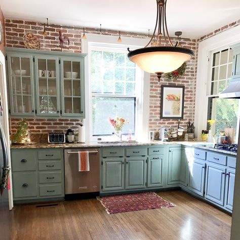 Brick Veneer Wall, February Baby, Brick Kitchen, Home Remodeling Diy, Brick Veneer, Green Cabinets, House Building, Diy Remodel, Kitchen Redo