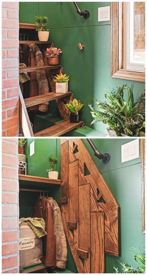 Tiny House Ladder Stairs, Fun Stairs Ideas, Reverse Loft Tiny House, Tiny House Shoe Storage, Tiny House Balcony, Tiny House Interior Storage, Tiny House Storage Stairs, Tiny House Standing Loft, Cat Friendly Tiny House