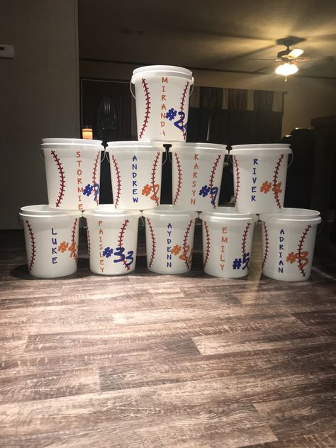 Baseball Buckets For Dugout Team Mom, Tball Organization, Tball Dugout Organization, Baseball Buckets For Dugout, Dugout Buckets, Baseball Senior Night Ideas, Tball Coach, Dugout Organization, Softball Dugout