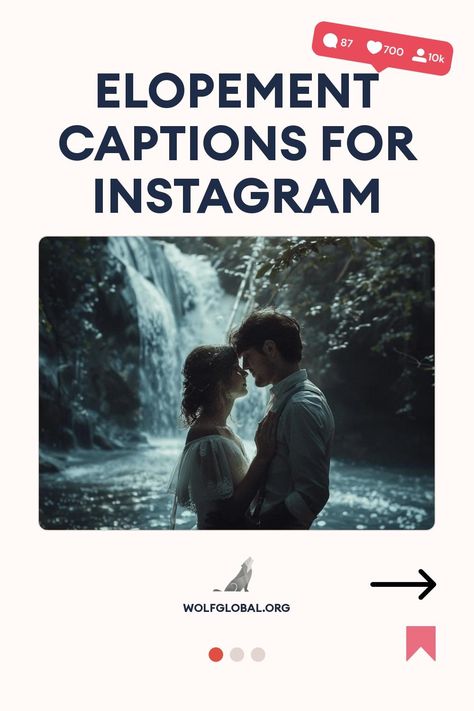 A couple embracing near a waterfall with text "Elopement Captions for Instagram" above them.
Graphic with checklist of romantic travel-themed phrases, 'GET 100+ MORE' button, wolfglobal.org at bottom.
Promotional image featuring a happy woman with a laptop, advertising an Instagram engagement pod. Elopement Quotes Funny, Elopement Captions, Marriage Announcement Captions, Elopement Announcement Social Media, Elopement Captions Instagram, Elopement Quotes, Fiance Captions, Secret Elopement, Engagement Captions