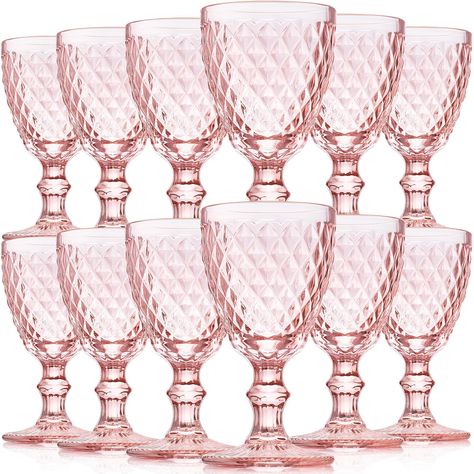 Pink Glassware Set, Pink Glassware Table Setting, Water Goblets Wedding, Bridgerton Brunch, Chinoiserie Party, Pink Party Tables, Pink Drinking Glasses, Pressed Glassware, Bridesmaids Brunch