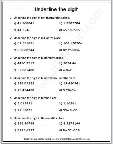 Underline the digit.  In this place value worksheet, the students will read the question and underline the correct position.Please download the PDF Decimal Value – Underline the digit – Grade 5 – Exercise 1 Value Worksheet, Decimal Place Value, Grade 5 Math, Place Value With Decimals, Place Value Worksheets, 5th Grade Math, Place Values, Place Value, Grade 5