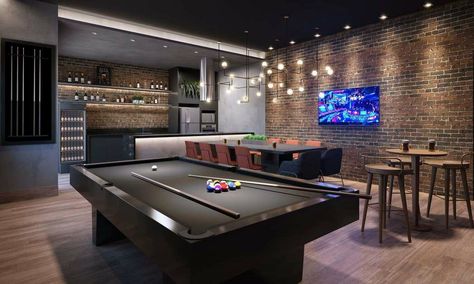 Pool Table Room With Bar, Black Pool Table, Pool Room Ideas, Billiards Room Decor, Pool Table Room, Black Pool, Home Bar Rooms, Man Cave Room, Basement Inspiration