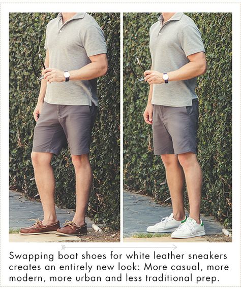 how to wear white leather sneakers White Leather Sneakers Outfit, Sneakers Men Outfit, Leather Sneakers Outfit, White Leather Sneakers Men, Men's Summer Outfit, Leather Sneakers Men, Style Essentials, Leather Boat Shoes, Dapper Gentleman