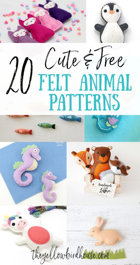 20 Super Cute Free Felt Animal Patterns - The Yellow Birdhouse Felt Bears Pattern, Stuffed Toy Patterns Free, Miniature Animals How To Make, Felt Alligator Pattern, Woodland Animals Felt Pattern Free, Felt Woodland Animals Pattern, Diy Felt Ocean Animals, Manatee Stuffed Animal Pattern, Felties Patterns Free