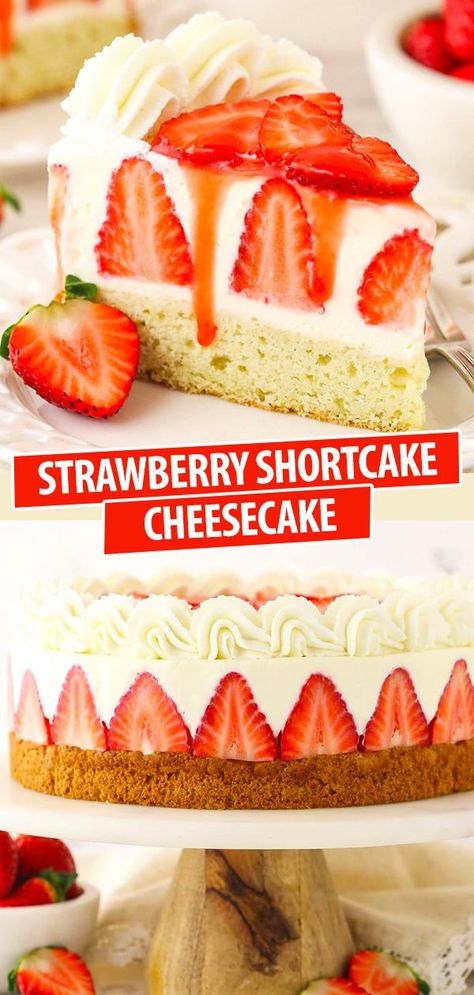 Cheesecake Strawberry Shortcake, Cheesecake Filled Cake, Strawberry Shortcake No Bake Cheesecake, Fun Cheesecake Ideas, Cheesecake With Cake Base, Strawberry Cake Cheesecake, Cheesecake Recipes Fruit, Strawberry Cheesecake Decoration Ideas, How To Decorate Cheesecake