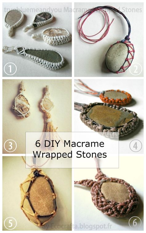 DIY 6 Macrame Wrapped Stone Tutorials from... | True Blue Me & You DIYs for Creatives Stone Wrapping Tutorial, Crochet Stone, قلادات متدلية, Wire Wrapping Diy, Necklace Tutorial, Stone Wrapping, Gem Necklace, Macrame Ideas, Macrame Tutorial