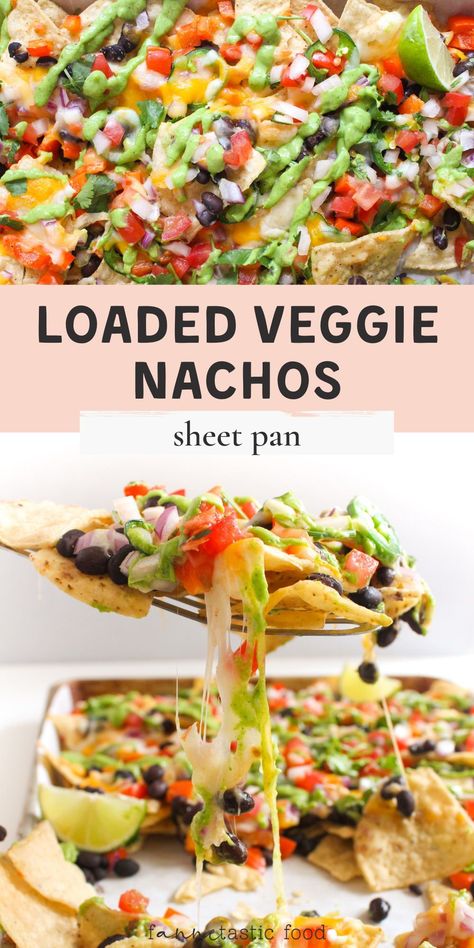 These cheesy sheet pan vegetarian nachos are loaded with veggies and beans. They're a fabulous quick and easy meatless meal! Making them on a sheet pan is so simple, and it’s the perfect way to make sure every chip is loaded with the goods. A drizzle of bright and flavorful avocado crema with lime finishes off these easy veggie nachos! Vegetarian Sheet Pan Nachos, Vegetarian Nachos Recipe Beans, Nachos Recipe Vegetarian Easy, Nacho Baked Veg With Crispy Black Beans, Skillet Veggie Nachos, Nachos Recipe No Meat, Healthy Loaded Nachos, Veg Nachos Recipe, Sheet Pan Dinner Vegetarian