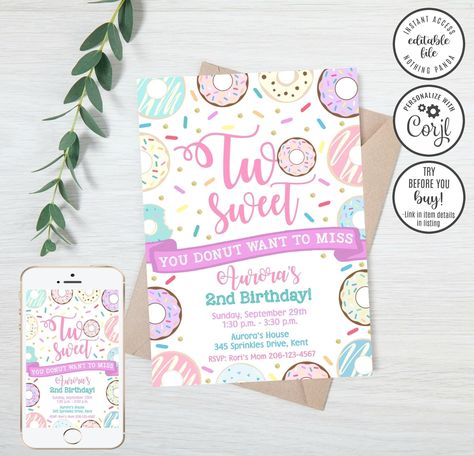 Two Sweet Birthday Invitation, Donut Birthday Party Invitations, Two Sweet Birthday, Donut Invitation, 6th Birthday Party, Grown Up Parties, Birthday Donuts, Donut Birthday Parties, Baby Sprinkle Invitations