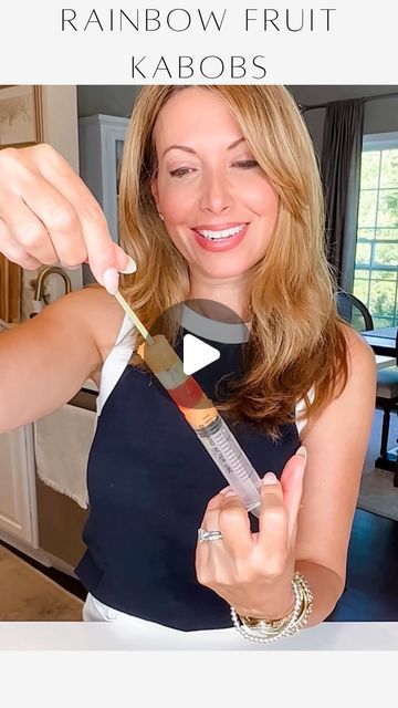 Janine Graff on Instagram: "Rainbow Fruit Kabobs 🌈 Here’s my ultimate hack- I used a clean plastic medicine syringe as an extruder to create perfectly shaped and layered fruit kabobs in a flash! Just slide in a mini skewer, push out the kabobs, and voilà - a colorful and delicious treat ready to impress! Better yet, freeze and enjoy as a fun frozen fruit pop treat this summer! 

#FruitFusion #CreativeKabobs #FruitHack #ColorfulBites #FruitArt #DIYKabobs #HealthyEats #RainbowTreats" Diy Kabobs, Fruit Skewers Ideas, Fruit And Cheese Kabobs, Fruit Kabobs For Party, Janine Graff, Rainbow Fruit Kabobs, Fruit Kabob, Fruit Pop, Fruit Hacks