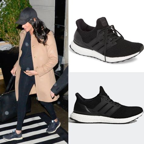 Adidas Black 'UltraBoost' Running Shoes-Meghan Markle - Dress Like A Duchess Black Casual Tennis Shoes, Black Athletic Shoes Outfit, Black Adidas Shoes Outfits, Black Running Shoes Outfit, Adidas Ultraboost Outfit, Ultraboost Outfit Women, Black Adidas Running Shoes, Ultraboost Outfit, Rubber Shoes Outfit