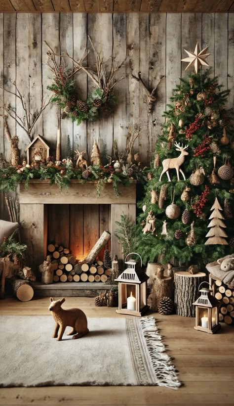 Nature Themed Christmas Tree Decorating Ideas, Forest Animals Decorations, Classy Rustic Christmas Tree, Woodsy Christmas Decor Ideas, Rustic Woodsy Christmas Tree, Woodland Xmas Tree, Rustic Woodland Christmas Decor, Winter Woodland Christmas Tree, Rustic Christmas Fireplace Decor