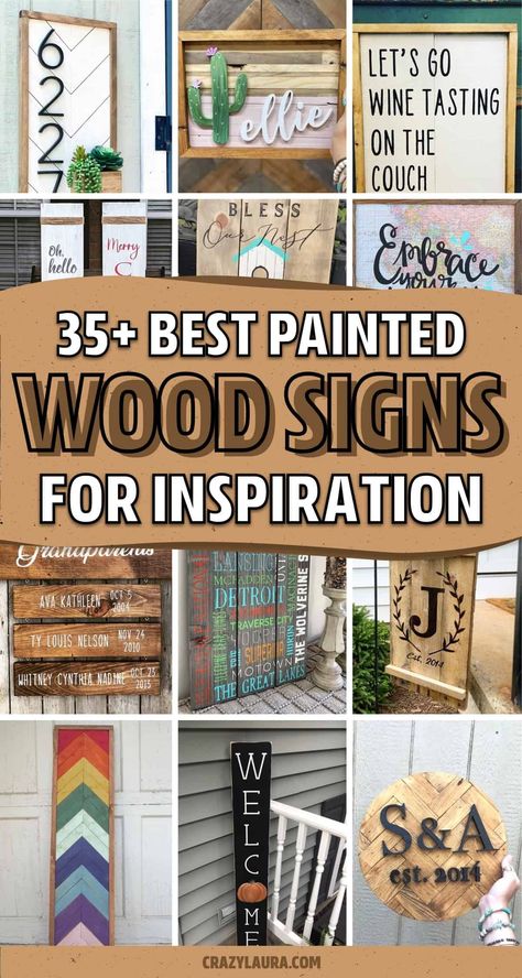 If you’re looking to make your own DIY wooden sign or just want some creative wood sign inspiration… check out these awesome examples! With everything from front porch welcome signs to wall art, you’ll find the perfect idea here! #woodsign #woodencraft #diy #diyideas Front Porch Decor Signs, Signs For Porch Wooden, Front Porch Sayings Signs Quotes, Diy Patio Signs, Plank Signs Wooden Diy, Wooden Hanging Signs For Outdoors, Welcome Diy Wood Sign, Wooden Porches Ideas, Porch Signs Diy How To Make