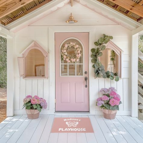 Add a personal touch to your child's playhouse with this fun Personalized Kids Playhouse Doormat. The perfect gift for little dreamers. Pink Wendy House, Kids Playhouse With Loft, Pink Outdoor Playhouse, Playhouse Paint Colors, Outdoor Playhouse Area, Playhouse Outdoor Ideas, Toddler Playhouse Outdoor, Decorate Playhouse, Kids Playhouse Outdoors Interior