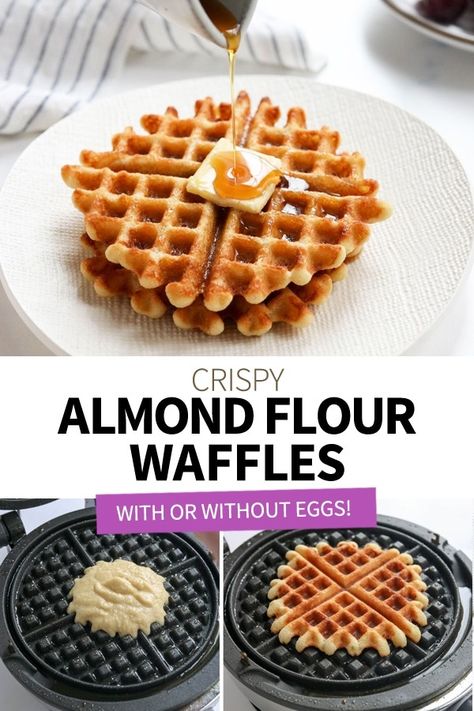 Almond Flour Waffles are perfectly crispy, high in protein, and you can make them with or without eggs! Make them toaster-size, so you can keep a stash in your freezer for an easy morning. Breakfast Without Eggs Or Milk, Almond Flour Protein Waffles, Paleo Waffles Almond Flour, Almond Flour Waffles Easy, Almond Flour Chaffle, Almond Flour Waffles, Almond Flour Pancakes, Waffle Maker Recipes, Easy Morning