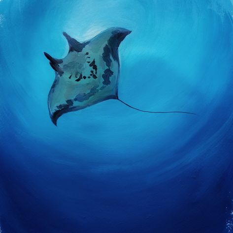 Painting Ideas Marine Life, Monochromatic Animal Painting, Blue Canvas Ideas, Ship Painting Acrylic Easy, Marine Animal Painting, Oil Pastel Sea Animals, Sting Ray Painting Acrylic, Shark Painting Acrylic Easy, Stingray Painting Acrylic