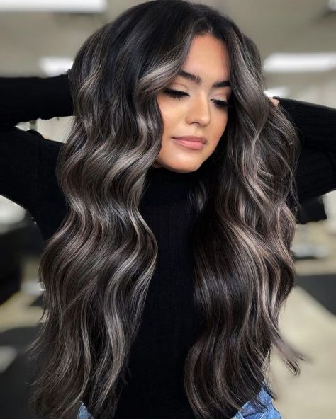 Black And Ash Blonde Hair Highlights, Dark Hair Peek A Boo Highlights, Black Hair With Lots Of Blonde Highlights, Black Hair Bottom Highlights, Soft Black With Highlights, Dark Hair Heavy Highlights, Dark Hair With Highlights 2023, Hair Color Ideas 2023 Trends Brunette, Black Hair With Icy Highlights