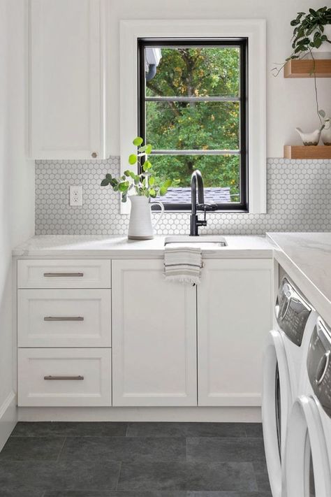 This lovely white penny round backsplash stick tile is a beautiful choice for indoor wall applications such as kitchen, bathroom, laundry room, hallway, and even furniture decor. With strong adhesive backing, you can do it just by peeling and sticking. No grout, no mess, very easy to maintain and clean. Take a try! Penny Tiles Kitchen, Penny Round Backsplash, Penny Tile Backsplash, Penny Backsplash, Laundry Room Tile, Bedrosians Tile, Stick Tile Backsplash, Penny Round Mosaic, Peel And Stick Backsplash