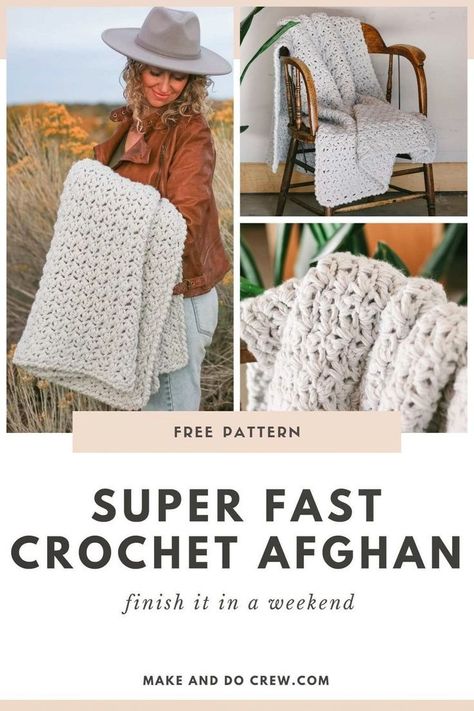 Create a cozy and modern look for your home decor with this free crochet blanket pattern from Make and Do Crew! Whether you are a beginner or an experienced crocheter, this easy pattern is perfect for thick, bulky yarn and can be done in a weekend. With its minimalistic design, this chunky, one-color blanket will give your home a modern farmhouse feel. It is an ideal project to have fun with and involves no complex stitches. Check out this blog to get this awesome free crochet pattern! Make A Chunky Blanket, Modern Crochet Blanket Pattern, Chunky Afghan, Bulky Yarn Crochet, Modern Haken, Chunky Yarn Crochet, Preemie Crochet, Chunky Crochet Blanket Pattern, Color Blanket