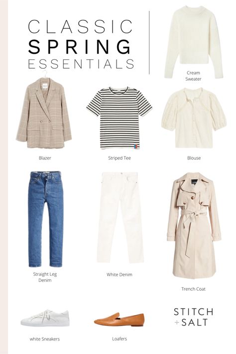 Classic Spring Essentials - Stitch & Salt How To Have Style, White Fashion Sneakers, Spring Summer Capsule Wardrobe, Spring Wardrobe Essentials, Art 2023, Mom Outfit, Denim Trench Coat, Spring Essentials, Spring Work Outfits