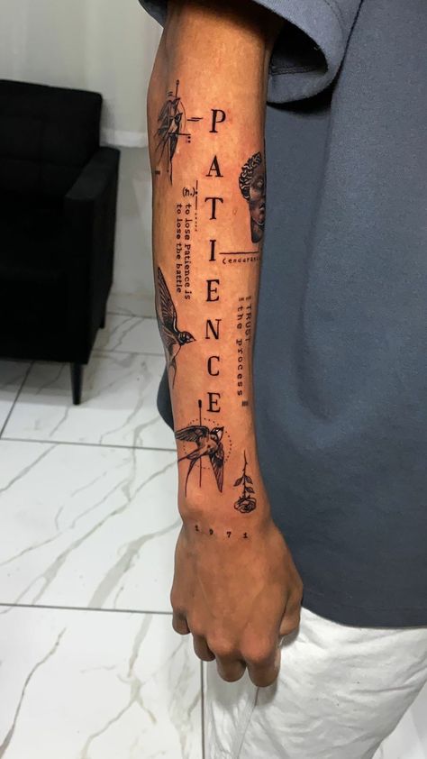 Men Tattoos Arm Sleeve Simple, Patience Forearm Tattoo, Id Ego Superego Tattoo, Born To Lead Tattoo, Back Of Forearm Tattoo Men Sleeve, Determination Tattoo Ideas, Organized Chaos Tattoo, Guy Tattoos Ideas, Tattoo Forearm Mens