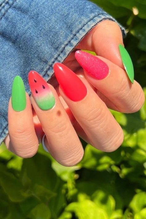 Watermelon Nails Acrylic, Nail Art Fun, Watermelon Nail Designs, Watermelon Nail, Watermelon Nail Art, Fruit Nail Designs, Watermelon Nails, Back To School Nails, Bright Summer Nails