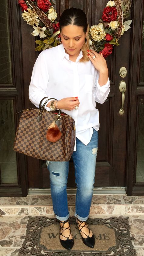 White shirt | banana republic | distressed | torn | ripped | boyfriend jeans | gap | lace up flats | black | ideas | spring | outfit | chic | Kendra Scott earrings | sky | gold | Louis Vuitton | speedy 35 | damier ebene / mommy style Speedy 30 Outfit, Louis Vuitton Speedy Outfit, Artsy Louis Vuitton, Louis Vuitton Outfit Ideas, Gold Louis Vuitton, Melie Louis Vuitton, Louis Vuitton Shirts, Louis Vuitton Handbags Neverfull, Louis Vuitton Bag Outfit