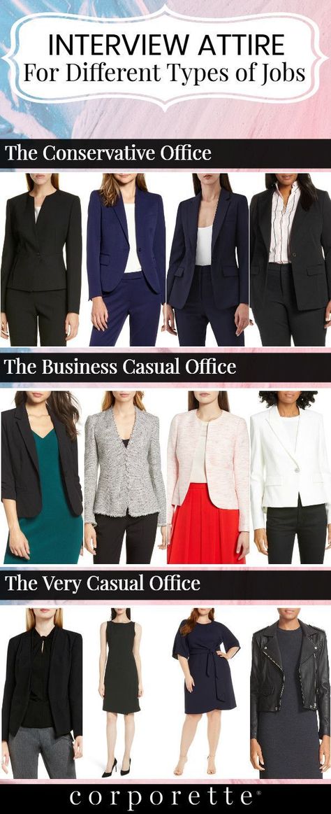 Wondering what the best interview attire is? It depends on the job you're interviewing for -- and the type of office it is. If you're a creative personality in a creative role, go with what you want -- but for everyone else looking for guidance on what to wear for an interview for a conservative office, interview attire for a business casual office, or even how to interview at a Very Casual office, these are some of our best tips on interview attire for different types of jobs. (Pro tip, though, Engineer Office Outfit, Career Guidance Outfit Ideas, What To Wear For An Interview For Women Office Style, Engineer Outfit Women Business Casual, Law Office Attire, Dress For Success Women Business, Outfits For An Interview Woman, Outfits For Interviews Professional, Presentation Outfit Business