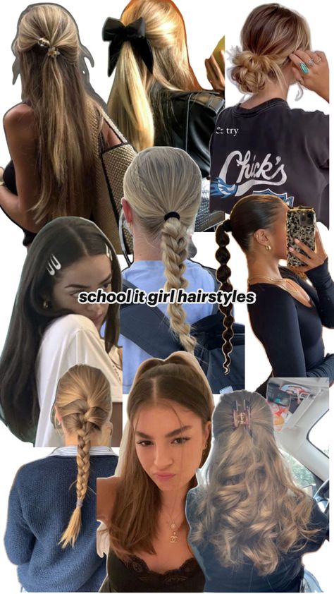 a collage of different hairstyles Clean Girl Hairstyles For School, Slick Back Hairstyles For School, Smart Girl Hairstyles, It Girl Hairstyles, Sick Hairstyles, Slick Back Hair Styles, Girls Back To School Hairstyles, Hairstyles For Back To School, Clean Girl Hairstyle