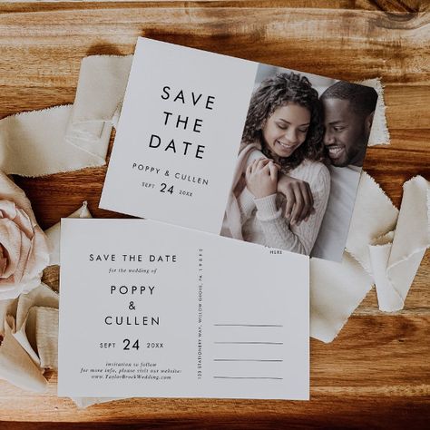 Chic Typography Photo Save the Date Invitation Postcard Chic Typography, Rustic Wedding Save The Dates, Postcard Wedding Invitation, Wedding Invitation Trends, Rustic Save The Dates, Date Invitation, Photo Save The Date, White Typography, Wedding Invitations Boho