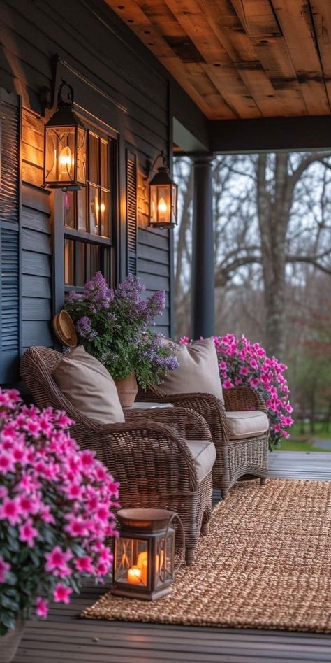 Spring Porch Decor, Vibeke Design, Balkon Design, Seni Vintage, Porch Makeover, Casa Country, Country Porch, Summer Porch, التصميم الخارجي للمنزل