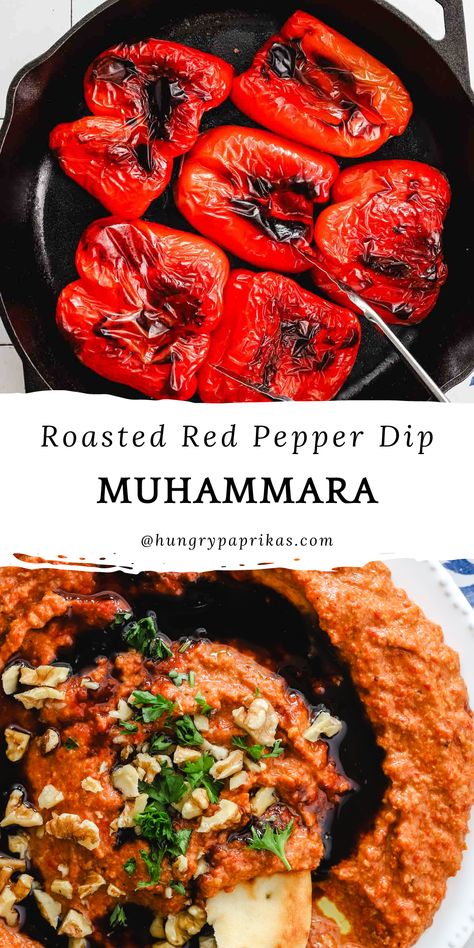 Top picture: red peppers being roasted in a pan with tongs Bottom picture: muhammara dip with pita Red Sweet Pepper Recipe, Middle Eastern Dips Recipes, Muhamarra Dip Recipe, Middle Eastern Dips, Middle Eastern Dinner Party, Middle Eastern Appetizers, Red Pepper, Meze Recipes, Muhammara Recipe