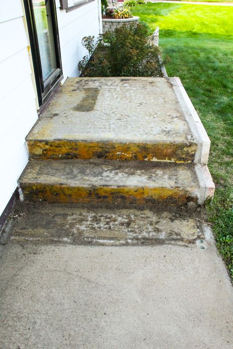 Removing Carpet from Cement Stairs Resurface Concrete Steps, Schoolhouse Bathroom, Cement Stairs, Driveway Concrete, Concrete Front Steps, Cement Steps, Concrete Front Porch, Painted Concrete Steps, Cozy Porch