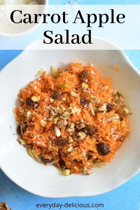 Crunchy and packed with flavor shredded carrot and apple salad with raisins, coconut, and walnuts #carrotapplesalad #carrotslaw #carrotappleslaw Carrot And Apple Salad, Carrot Apple Salad, Whole30 Sides, Salad With Raisins, Carrot Slaw, Apple Slaw, Sugar Diet, Roasted Walnuts, Low Sugar Diet